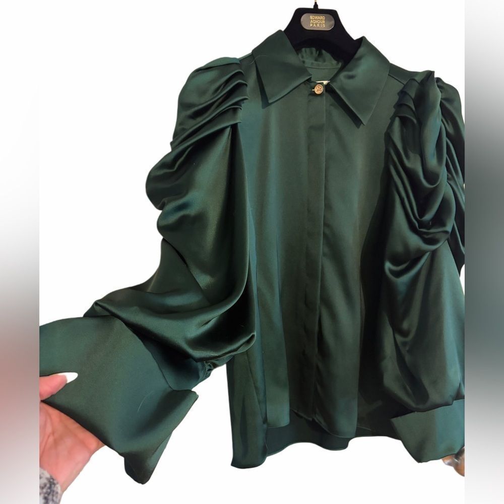 NWT Edward Achour Paris stunning emerald green puffy sleaved satin blouse sz 40 - Picture 2 of 9